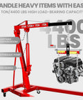 Heavy Duty Two Ton Folding Engine Hoist With Six Swivel Caster Wheels And Precision Leveler, lifting an engine, adjustable boom.