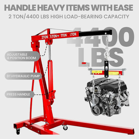 Professional Grade Heavy Duty Folding Engine Hoist Crane With Six Roll Through Swivel Casters And Easy Adjustable Boom for lifting engine.