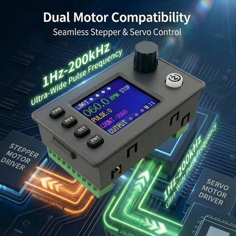 Front view of Ransanx stepper motor controller with LCD display and keypad, gray enclosure, DC 12-24V.