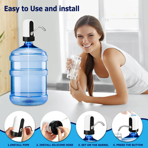 Rechargeable Water Dispenser For 5 Gallon Bottle With One Switch Operation BPA Free Jug Pump displayed next to a woman drinking water