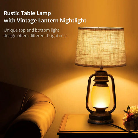 Lantern Table Lamps Set Of 2 With Dimmable Night Light And USB Port Rustic Oil Rubbed Bronze Finish on a wooden table.