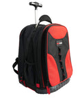 Heavy Duty Rolling Tool Backpack With 14 Inch Laptop Sleeve Pro Tradesman Organizer Wheeled Tool Carrier Work Ready Multi Pocket Design With Tape Measure Clip Front Zipper Pockets Beverage Bottle Holders Red And Black