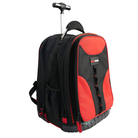 Heavy Duty Rolling Tool Backpack With 14 Inch Laptop Sleeve Pro Tradesman Organizer Wheeled Tool Carrier Work Ready Multi Pocket Design With Tape Measure Clip Front Zipper Pockets Beverage Bottle Holders Red And Black