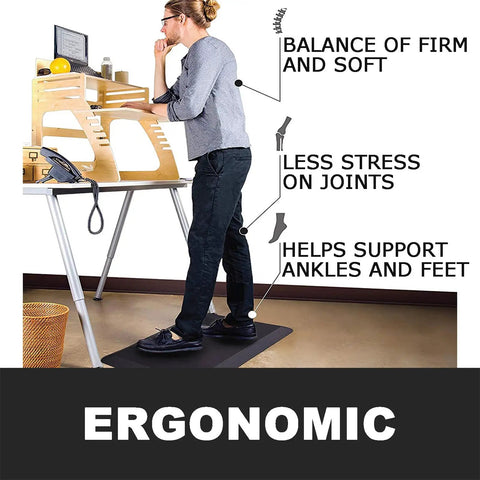 Person standing on Ultra Thick 0.8 Inch Anti Fatigue Kitchen Mat 17X30 Inches Cushioned Floor Rug in office space for comfort.