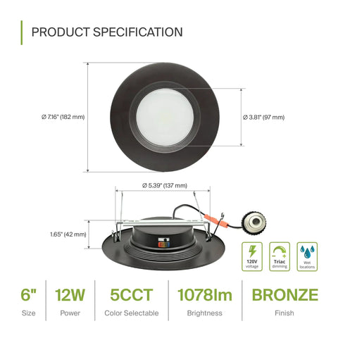 Straight Up Premium Six Pack Bronze Iron Baffle Led Recessed Retrofit Wafer Ceiling Lights Featuring Five Cct Tuning Slick Slim Frame And No Sweat Triac Dimming For Easy Glow