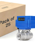 Three Quarter Inch Motorized Ball Valve 304 Stainless Steel NSF Certified Electric Actuator Normally Closed 9-24V DC 5-Wire Control Full Port Smooth Flow Heavy Duty For Potable Water 25 Pack Unit with blue actuator next to box.