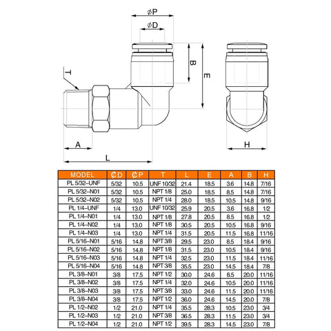 1/2 NPT Push To Connect Air Fitting 1/4 In OD Tubing Elbow 90 Degree Quick Connect Pneumatic Fittings Male Threaded Lock Push In Tube Connector 2 Pack For Air And Water Lines dimension chart