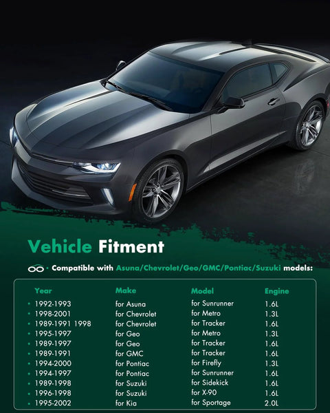 Gray sports car with compatibility list for Asuna, Chevrolet, Geo, GMC, Pontiac, Suzuki models and various engine types.