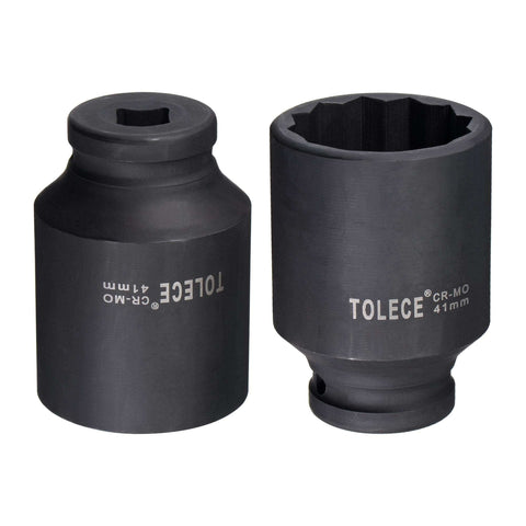 Two views of Beefy One Half Inch Drive 41mm 12 Point Deep Impact Socket in CR-MO Steel, black phosphate finish for rust resistance.