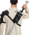 2 In 1 Faux Leather Medieval Shoulder Armor With Back Sword Frog for LARP, showing adjustable pauldrons and sword holster in black.