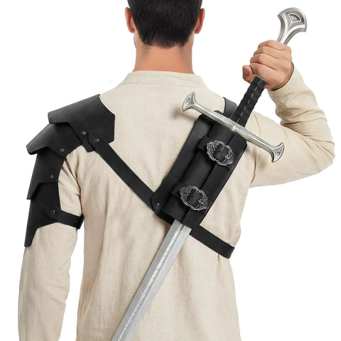 2 In 1 Faux Leather Medieval Shoulder Armor With Back Sword Frog for LARP, showing adjustable pauldrons and sword holster in black.
