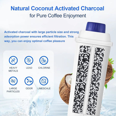Molifal coconut activated charcoal water filter cartridge for De’Longhi coffee machines; white housing with blue cap