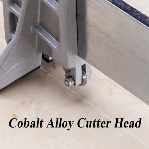 Close-up of Heavy Duty Manual Tile Cutter 630mm 25 Inch cutting tool with cobalt alloy cutter head on ceramic tile