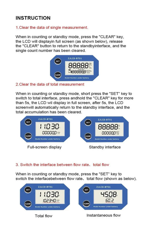 Instruction manual showing LCD flow meter interfaces, including full screen, standby, total flow, and instantaneous flow displays.
