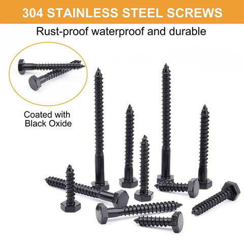 Workhorse Heavy Duty Hex Lag Bolts Set Stainless Steel 304 Black Oxide Coated 108 Piece Kit with bolts in various lengths