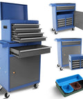 Large Rolling Tool Chest With 5 Drawers On Wheels Detachable Top Box 2 In 1 Tool Cabinet Includes Organizer Bins Hooks Adjustable Shelf And Locking System For Garage And Workshop Gray