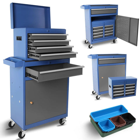 Large Rolling Tool Chest With 5 Drawers On Wheels Detachable Top Box 2 In 1 Tool Cabinet Includes Organizer Bins Hooks Adjustable Shelf And Locking System For Garage And Workshop Gray