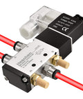 Electric Pneumatic Solenoid Valve 5 Way 2 Position, 220 VAC, 4V210-06 compatible with fittings and red hoses.