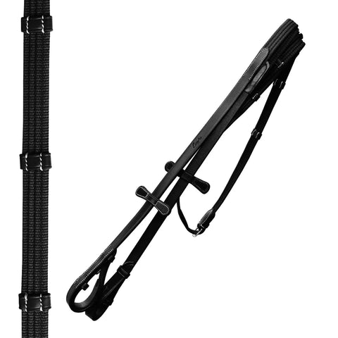 Premium Leather Dressage Bridle with anti-pressure mono crownpiece and braided browband, detailed side view.