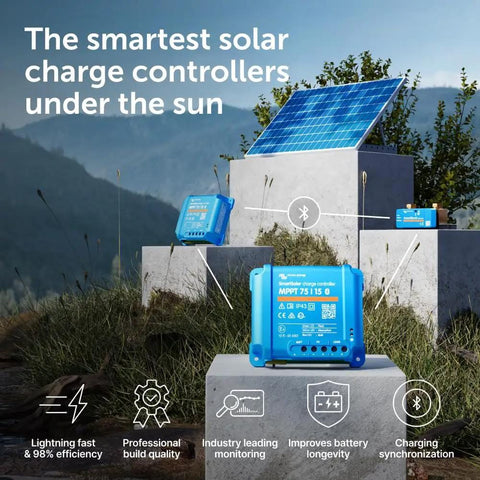 SmartSolar MPPT Bluetooth Solar Charge Controller For 75V 15A 12/24V Panels in outdoor setup with solar panels