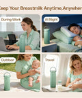 Travel Ready Portable Breast Milk Cooler With 24 Hour Deep Freeze Tech Zero Sweat Insulation Keeps Pumped Milk Ice Cold For Beach Days And Road Trips Includes Two Spill Proof Bottles In Fresh Green displayed in various settings including work, travel, and outdoor.