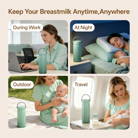 Travel Ready Portable Breast Milk Cooler With 24 Hour Deep Freeze Tech Zero Sweat Insulation Keeps Pumped Milk Ice Cold For Beach Days And Road Trips Includes Two Spill Proof Bottles In Fresh Green displayed in various settings including work, travel, and outdoor.