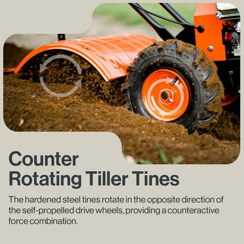 Heavy Duty Gas Tiller Cultivator With 7HP 209cc Engine showing counter rotating tiller tines in soil preparation