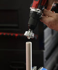 External Rotary Deburring And Chamfer Tool Pro Grade For 13 To 36 Millimeter Range in use on a pipe with a drill