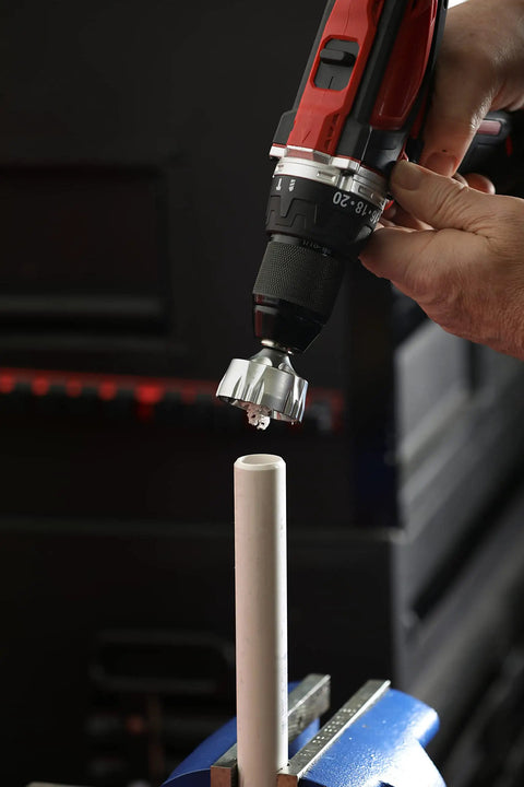 External Rotary Deburring And Chamfer Tool Pro Grade For 13 To 36 Millimeter Range in use on a pipe with a drill