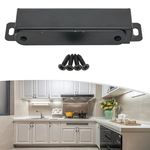 Beefy Magnetic Door Catch With 40 Kg Pull For Cabinets And Cupboards Stainless Steel Latch For Sliding Glass Doors And RV Black Finish Includes Mounting Kit XL shown with screws and kitchen
