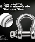 316 Stainless Steel Bow Shackle With Oversized Screw Pin For Anchor And Tow Recovery Off Road Use 3/8 Inch Size With 7/16 Inch Pin Inner Width 0.66 Inch Inner Length 1.44 Inch WLL 1.1 Tons 1 Pack, AISI 316 close-up