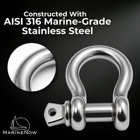 316 Stainless Steel Bow Shackle With Oversized Screw Pin For Anchor And Tow Recovery Off Road Use 3/8 Inch Size With 7/16 Inch Pin Inner Width 0.66 Inch Inner Length 1.44 Inch WLL 1.1 Tons 1 Pack, AISI 316 close-up