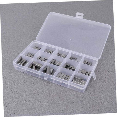 Pro Grade Square Parallel Pin Set With Flat Head Machine Pins, 140-Piece Assortment in a plastic case on a gray background