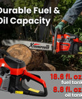 22 Inch Gas Chainsaw With 58cc 2-Stroke Engine, Aluminum Frame, Automatic Chain Oiler cutting wood, showing fuel capacity