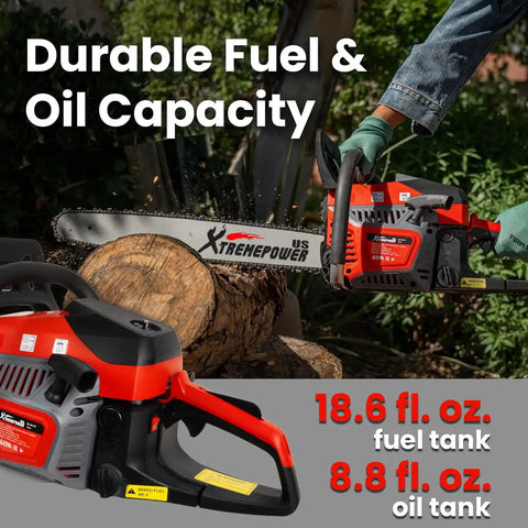 22 Inch Gas Chainsaw With 58cc 2-Stroke Engine, Aluminum Frame, Automatic Chain Oiler cutting wood, showing fuel capacity