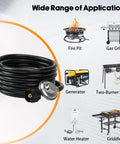 Universal QCC1 Low Pressure Propane Regulator With 12 Foot Hose For Most LP Gas Grills Patio Heaters And Fire Pit Tables Three Eighth Inch Female Flare Nut Replacement coiled with applications shown.