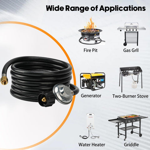 Universal QCC1 Low Pressure Propane Regulator With 12 Foot Hose For Most LP Gas Grills Patio Heaters And Fire Pit Tables Three Eighth Inch Female Flare Nut Replacement coiled with applications shown.