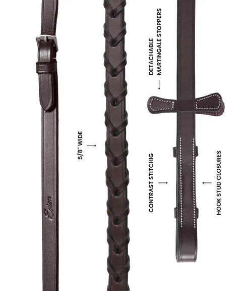English Laced Reins For Horse Bridle Five Eighths Inch Top Notch Leather Hunter Reins With Martingale Stoppers visible