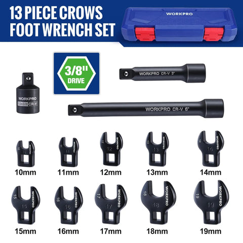 Crowfoot Wrench Set 3/8 Inch Drive, 13 Piece Metric Crowfoot Wrenches With Two Extension Bars, 1/2 Inch To 3/8 Inch Adapter, shown with sizes 10mm to 19mm in storage box.