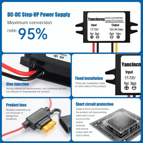 DC 24V To 12V Buck Converter 60W 5A Waterproof Regulator For Golf Carts with input 17-72V, fuse, and waterproof case.