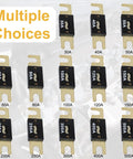 Image showing various amp ratings of 3 Pack Premium 250 Amp ANL Blade Fuse Heavy Duty Automotive And Marine Electrical Protection.