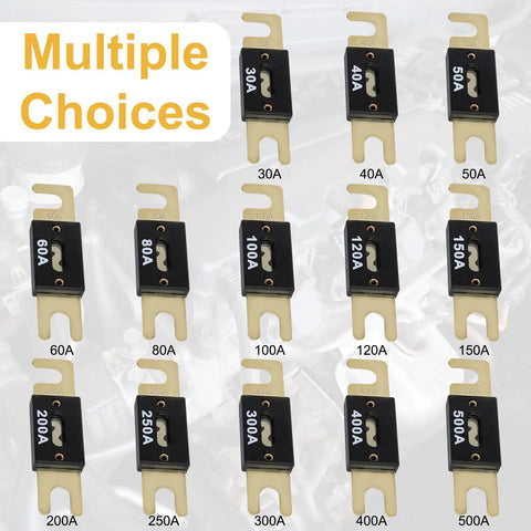 Image showing various amp ratings of 3 Pack Premium 250 Amp ANL Blade Fuse Heavy Duty Automotive And Marine Electrical Protection.