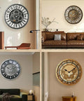 18 Inch Moving Gears Wall Clock Oversized Industrial Steampunk Design With Antique Oil Rubbed Bronze Finish, displayed in modern living rooms.