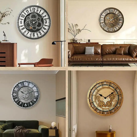 18 Inch Moving Gears Wall Clock Oversized Industrial Steampunk Design With Antique Oil Rubbed Bronze Finish, displayed in modern living rooms.