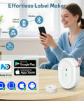 No Sweat Bluetooth Label Maker Mini Thermal Printer Pocket Sized Wireless Labeling Machine for Quick Errands and Daily Drives on a table.