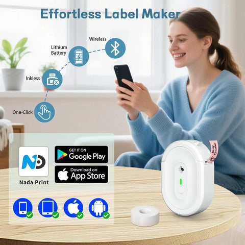 No Sweat Bluetooth Label Maker Mini Thermal Printer Pocket Sized Wireless Labeling Machine for Quick Errands and Daily Drives on a table.