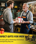 Two men exchanging a gift in a workshop; promotional banner for tool organizer as perfect gifts for men.
