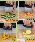 Collage of FATUXZ stainless steel crinkle cutter with black handle slicing cucumber, carrot, squash, and potato slices