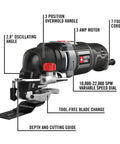 Side view of 3 Amp Oscillating Multi Tool Kit With 52 Pieces, Variable Speed 10,000 To 22,000 OPM, with labeled features.
