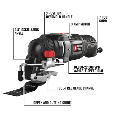 Side view of 3 Amp Oscillating Multi Tool Kit With 52 Pieces, Variable Speed 10,000 To 22,000 OPM, with labeled features.
